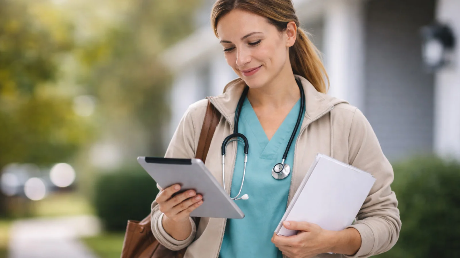 Plateforme infirmiers Certinfi avec consultation mobile en contexte professionnel